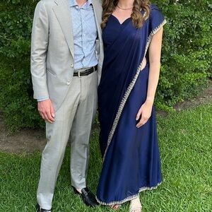 Navy satin saree with embroidery
